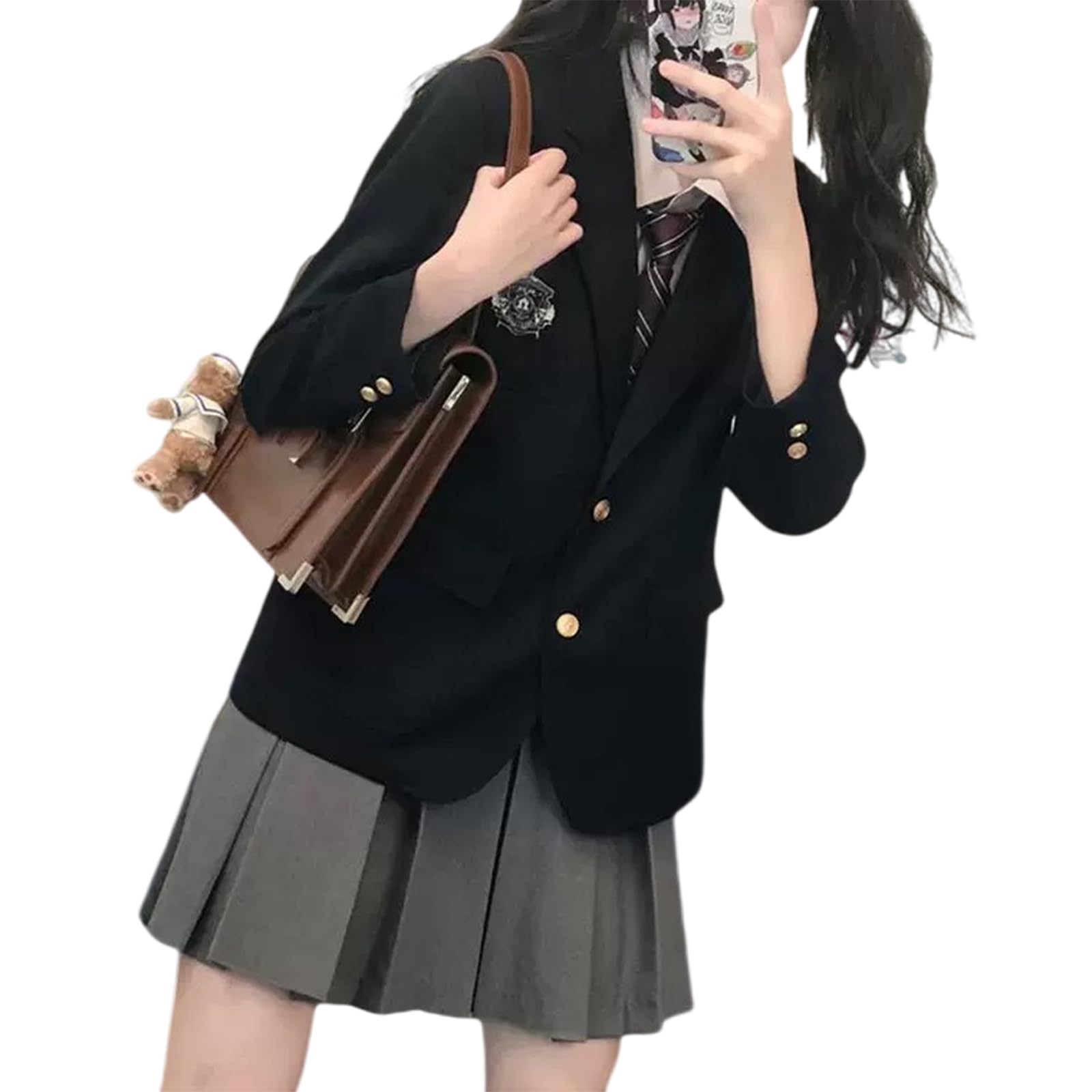Japanese Style Womens Coordinated Set Blazer Shirt Pleated Skirt 4-Piece Outfit Brown Gray S-4XL