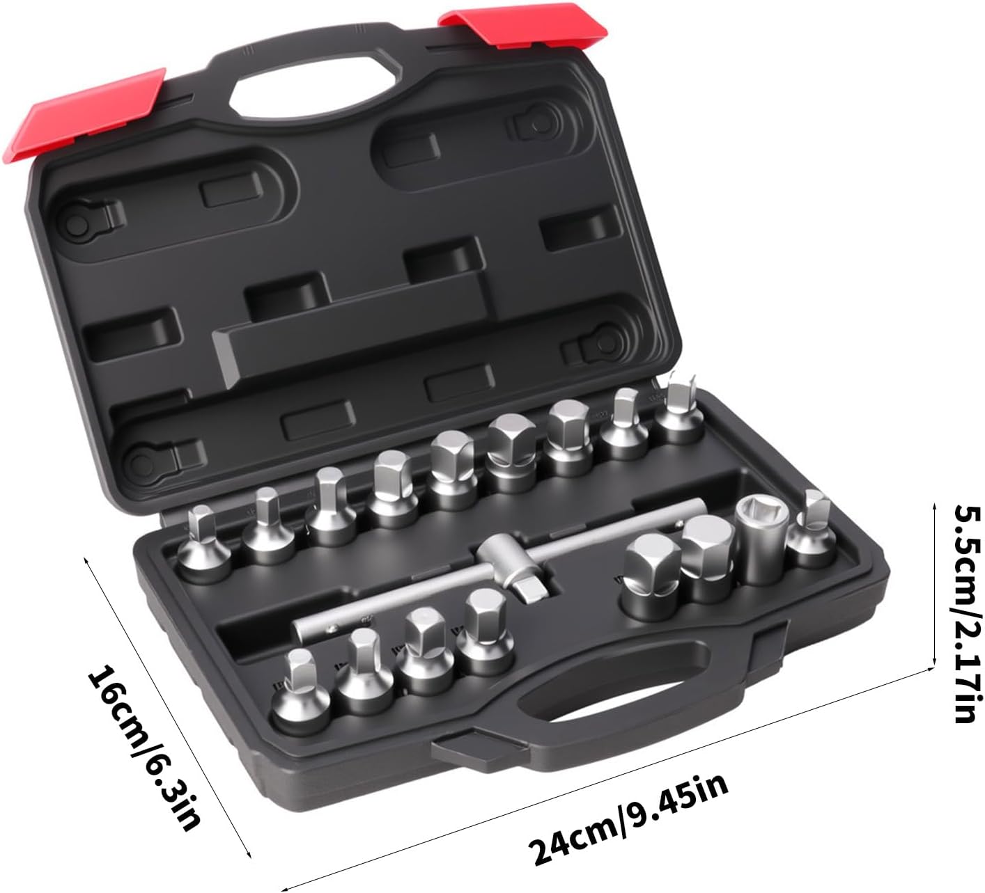 Universally 18 Piece Automotive Mechanics Tool Set with Oil Drain Levers Wrench Socket and Portable Storage Case Organization Ergonomic Handle Wrench Set