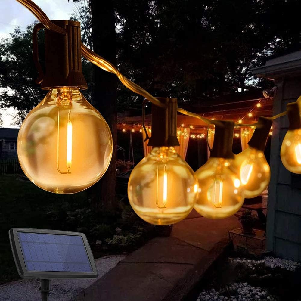 27FT 25-Bulb Solar Powered Outdoor String Light with Shatterproof G40 LED Bulbs Remote Control for Patio Yard Garden Umbrella