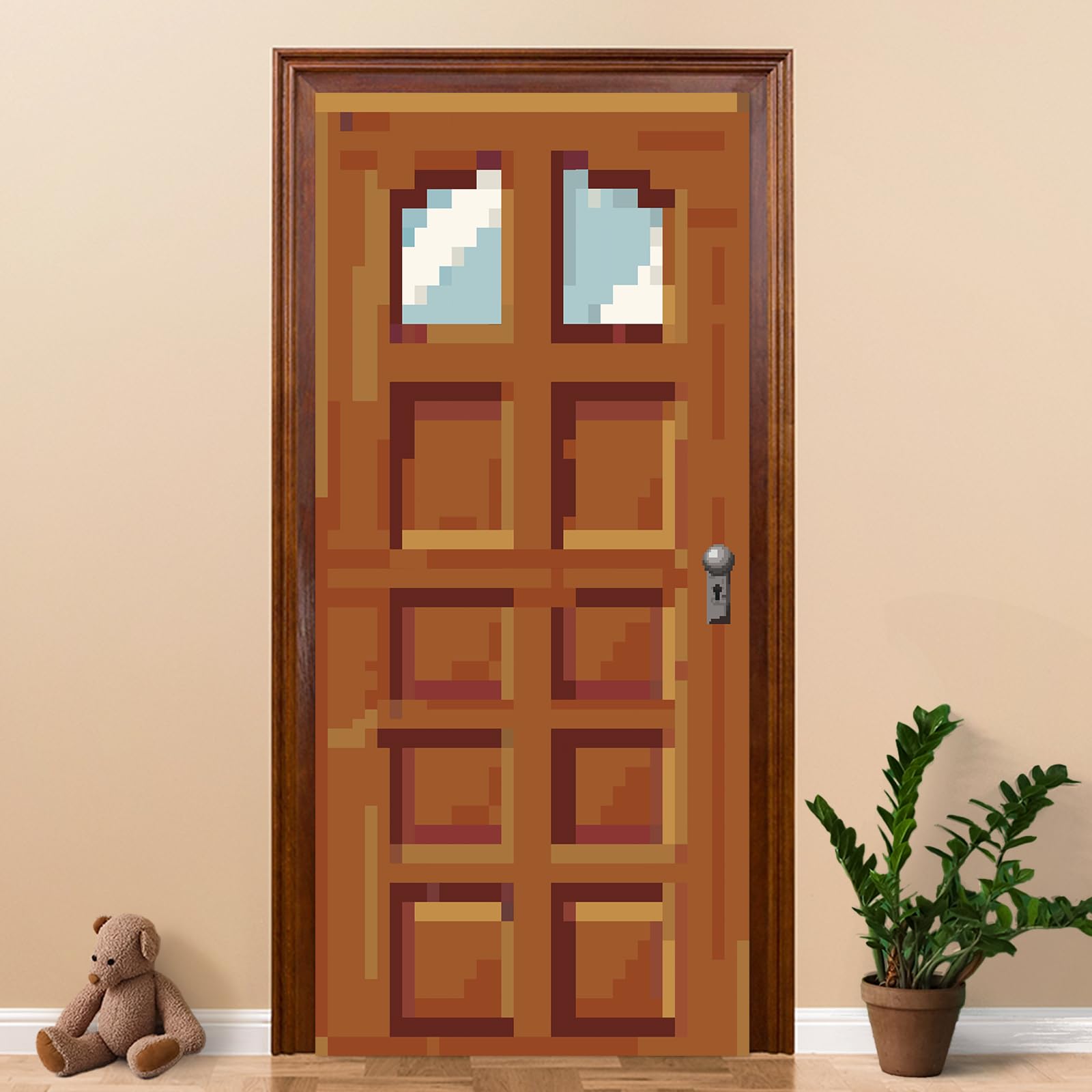 Pixel Room Decor Miner Door Cover Backdrop Mining Wall Decal Video Game Themed Birthday Party Decorations Fabric Door Cling Banner for Kids Boy