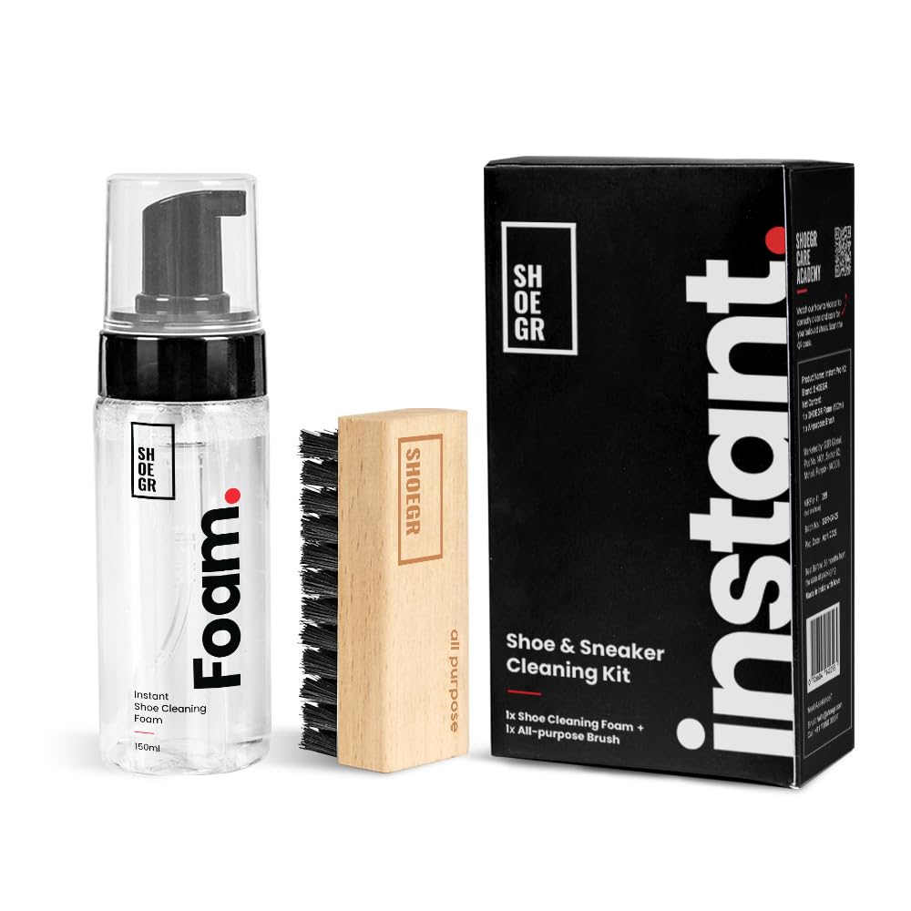 SHOEGRInstant Shoe Cleaning Kit | 150ml Shoe Cleaning Foam & 1 All-Purpose Brush, White Shoe Cleaning Kit, Shoe Cleaner Kit For Sneakers, Sports, Suede, Rubber | Shoe Cleaner Foam Spray