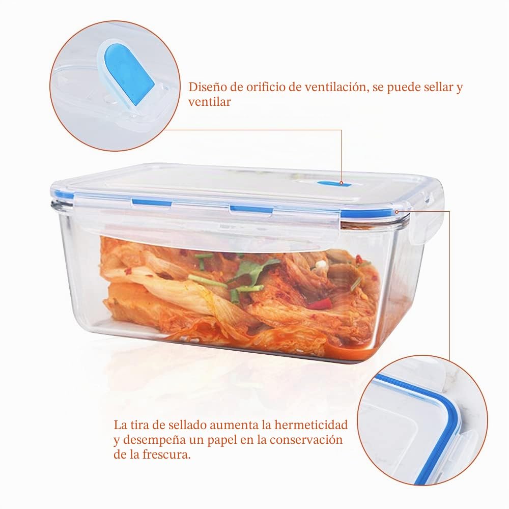 Recipientes de cristal para alimentos - 8 pieza (4 envase, 4 tapa) Set de Contenedores de Alimentos, Apto para lavavajilla, microondas, congelador, A Prueba de Fugas, Sin BPA (Rectangular)