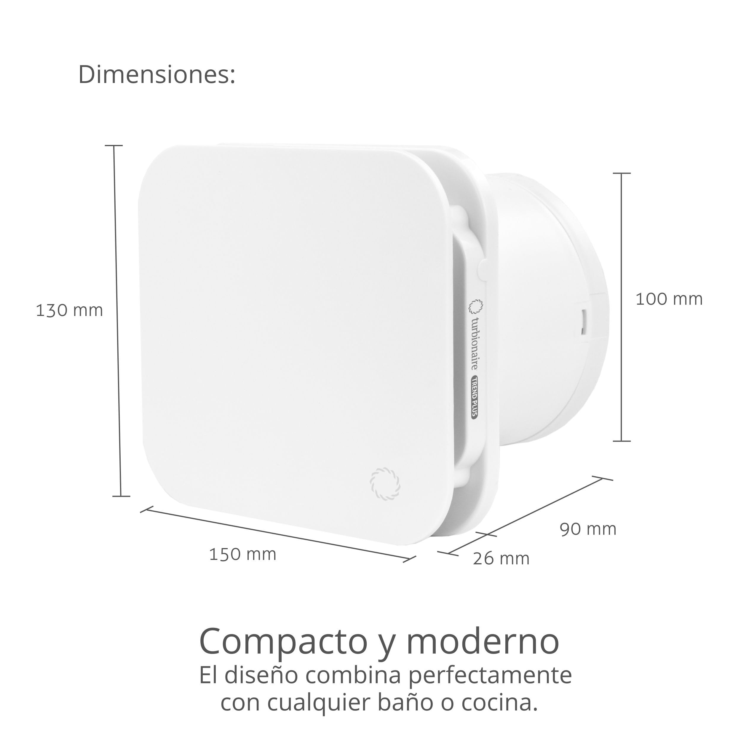 Turbionaire Trend Plus 100 mm Extractor para Baño, Mando a Distancia, Multifunción, 22dB, máx. 5.7 W, 7 velocidades + boost, Garantía de 3 años, Válvula de retención, Temporizador, Silencioso