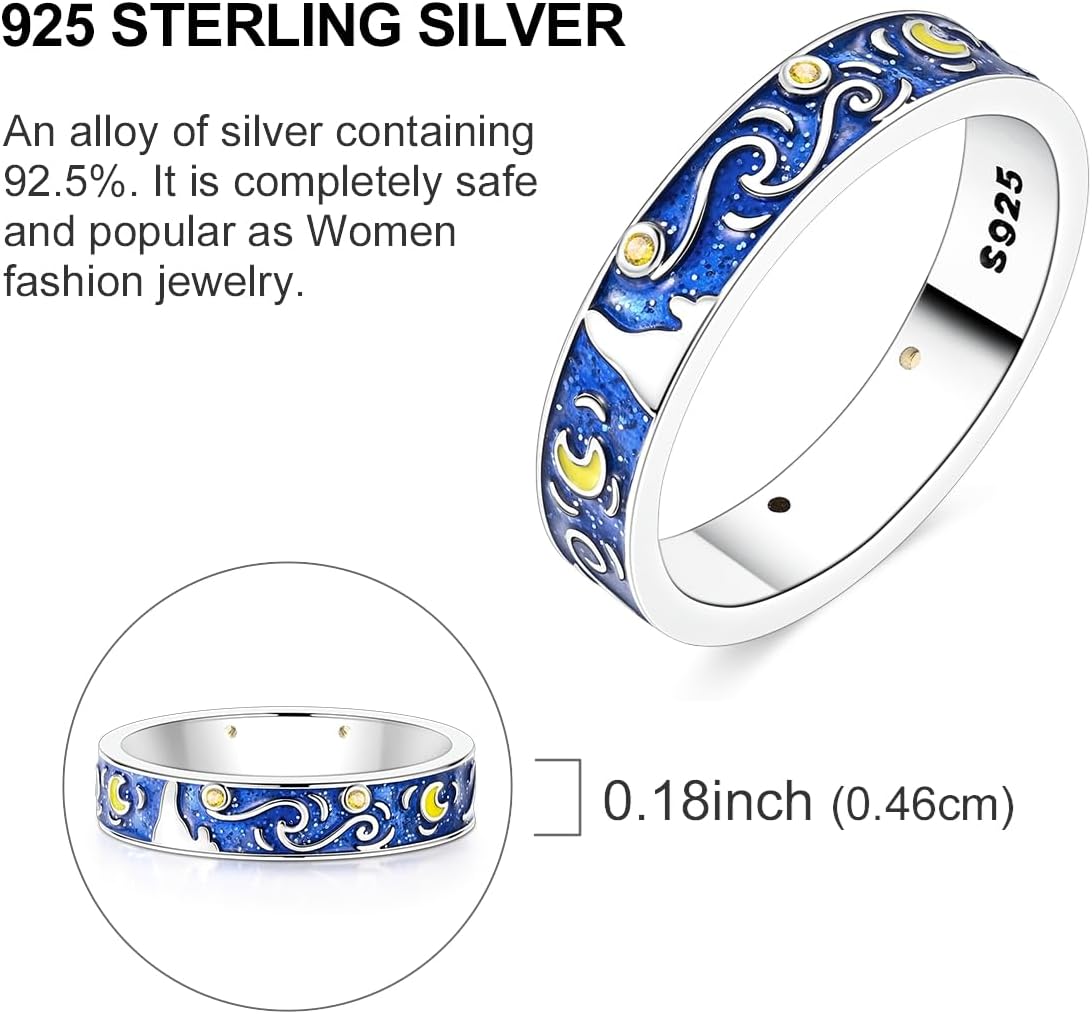 Parmuz 925 Sterling Silver Ring for Women Filigree Vintage Star Moon Wide Bands Stackable Statement Eternity Rings Jewelry Gift Size 6-9