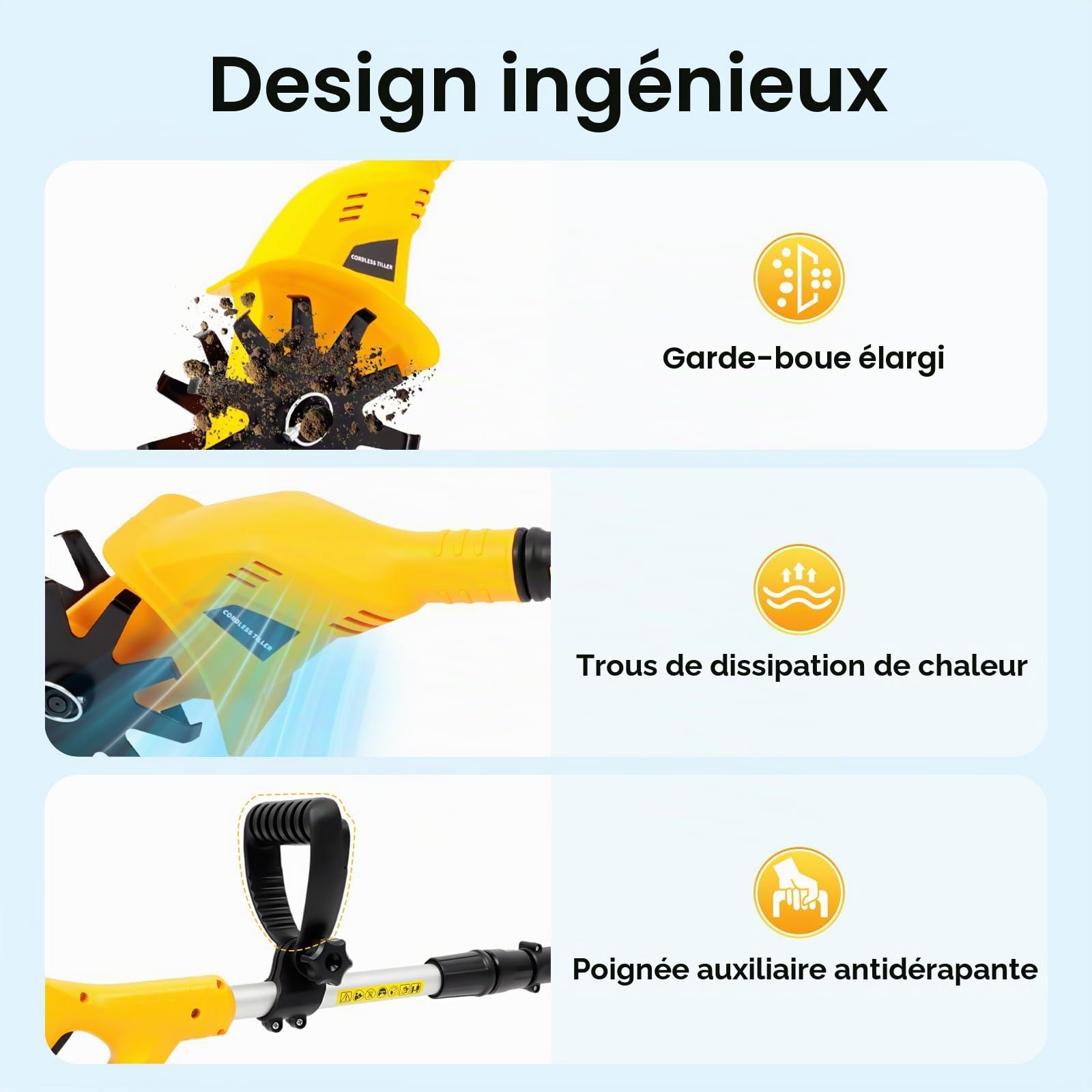 Mini motoculteur 20 V 2000 mAh Motoculteur manuel 250 tr/min Motobineuse sans fil avec batterie au lithium 20 V pour labourer, pailler et mauvaises herbes, largeur de travail 10 cm 17 cm