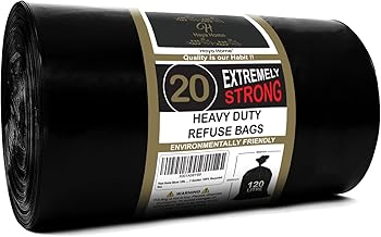 Haya Home 60 μm 120L 20 Extremely Strong Heavy Duty Black Bin Bags Bin Liners Refuse Sacks Waste Dustbin Bags Rubble Sack Industrial Commercial Builders Kitchen Home Office DIY Garden 100% Recycled