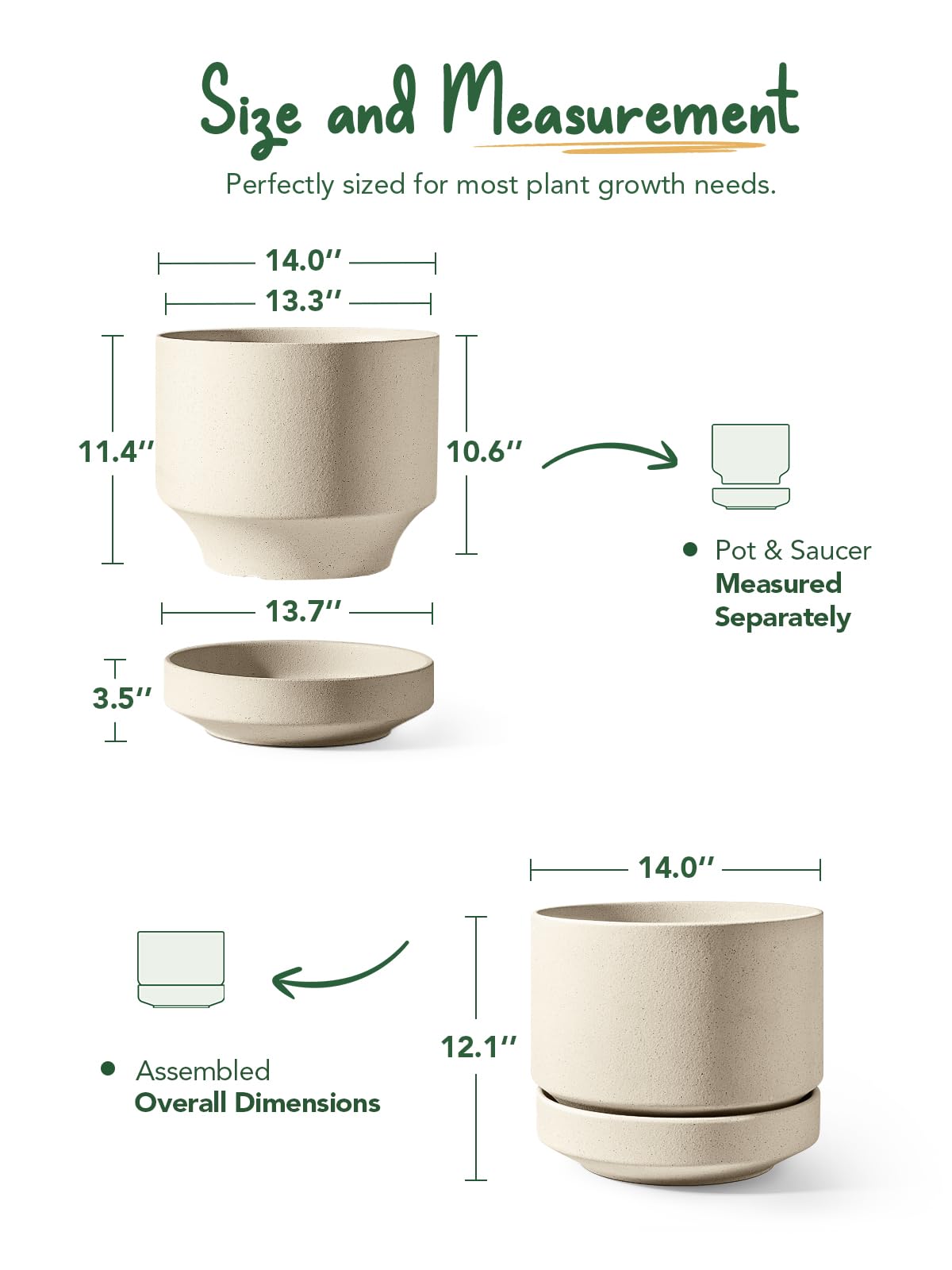 Le TAUCI Grand Pot de Fleurs en Céramique 35 cm avec Soucoupe, Jardinière pour Intérieur et Extérieur, Trou de Drainage avec Filet et Bouchon, Non Émaillé et Respirant - Beige Sable