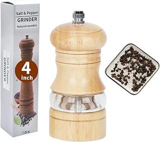 SHIKORI Wood Salt and Pepper Grinder, Manual Mills with Acrylic Window, Adjustable Ceramic Grinding-4 inch