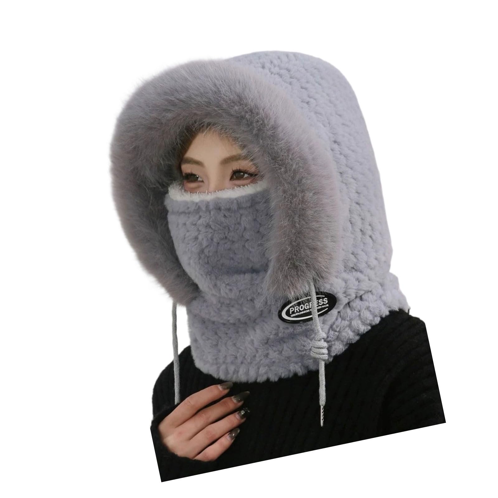 Obotsnoi Unisex Gray Thickened Thermal Face Covering Pullover Hat With Integrated Scarf Face Cover For Cold Weather Winter Windproof Headwear Windproof Thermal Earflap Hat