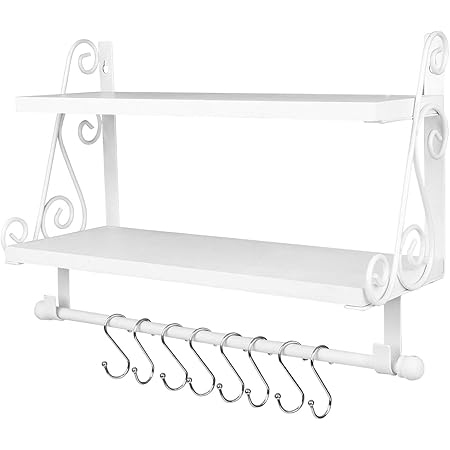 Vencipo Estanteria Baño de Blanco con Toalleros Accesorio, Estantería de Pared de Madera para Organizador Especiero Cocina con 8 Ganchos Almacenaje, ...