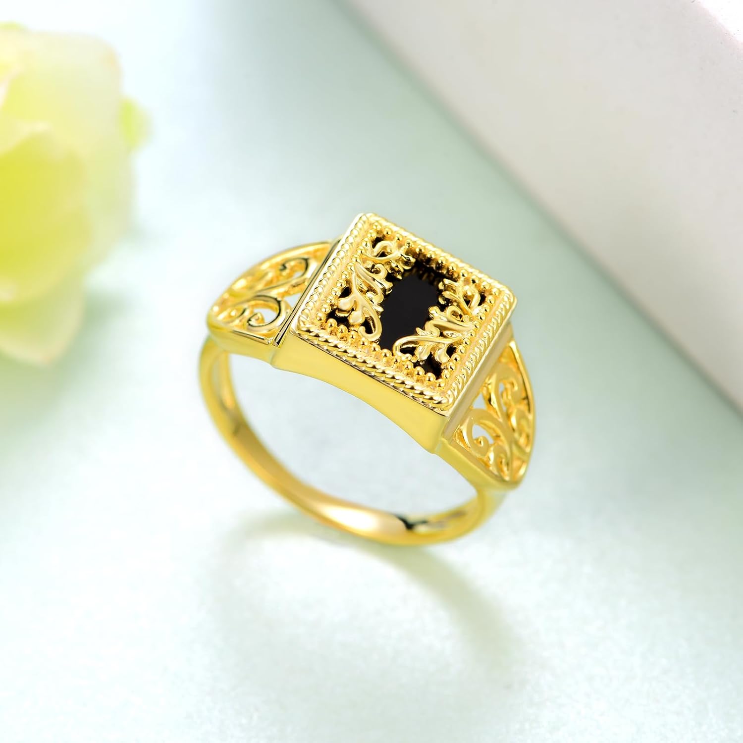 Black Onyx Ring 925 Sterling Silver Black Onyx Rings for Women Gold Plated Filigree Rings for Women Men - Image 2