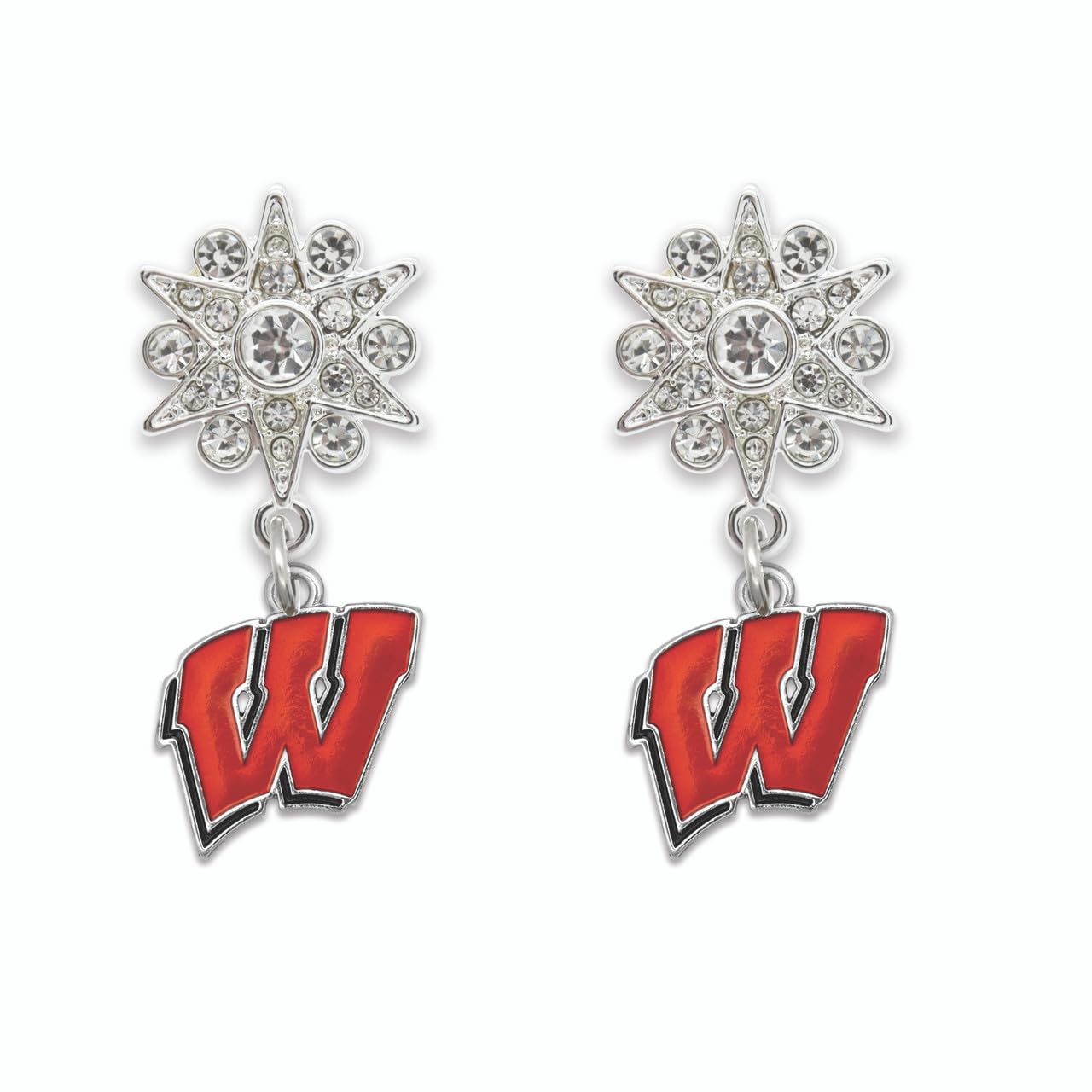 Wisconsin Grace Crystal Starburst Dangle Post Earrings, Silver, Officially Licensed UW