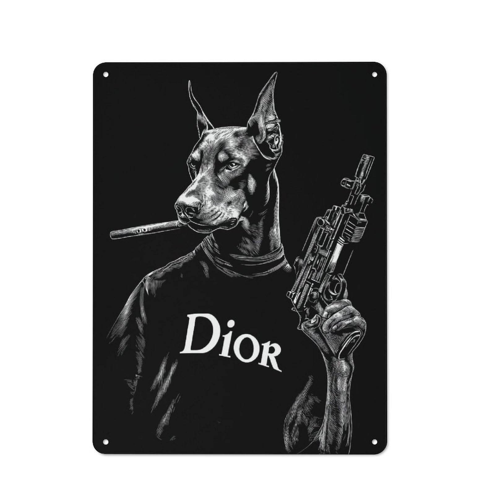Junmoney Style-20 Tin Wall Plaque 40X30cm With Doberman With Cigar And Gun For Studio Or Craft Room, Suited To Studio Decor Lovers