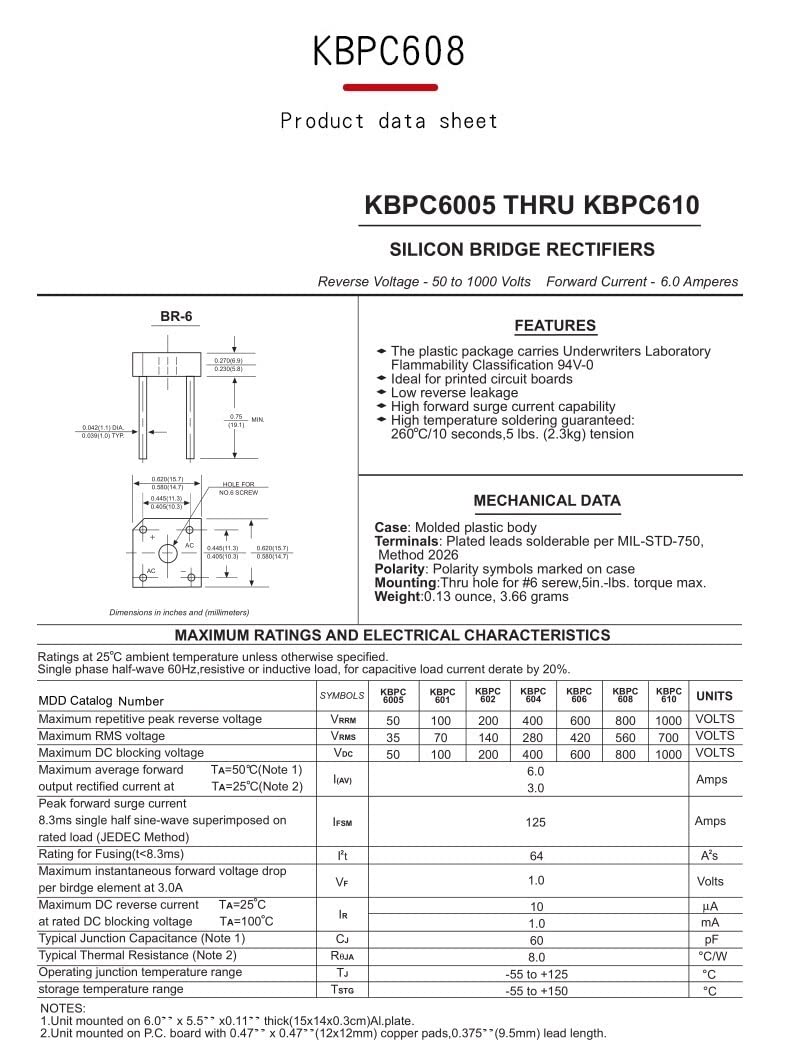 Diodo raddrizzatore a Ponte, diodi elettronici al silicio KBPC608 6A 800V, 4 Pin (Size : 100Pcs)