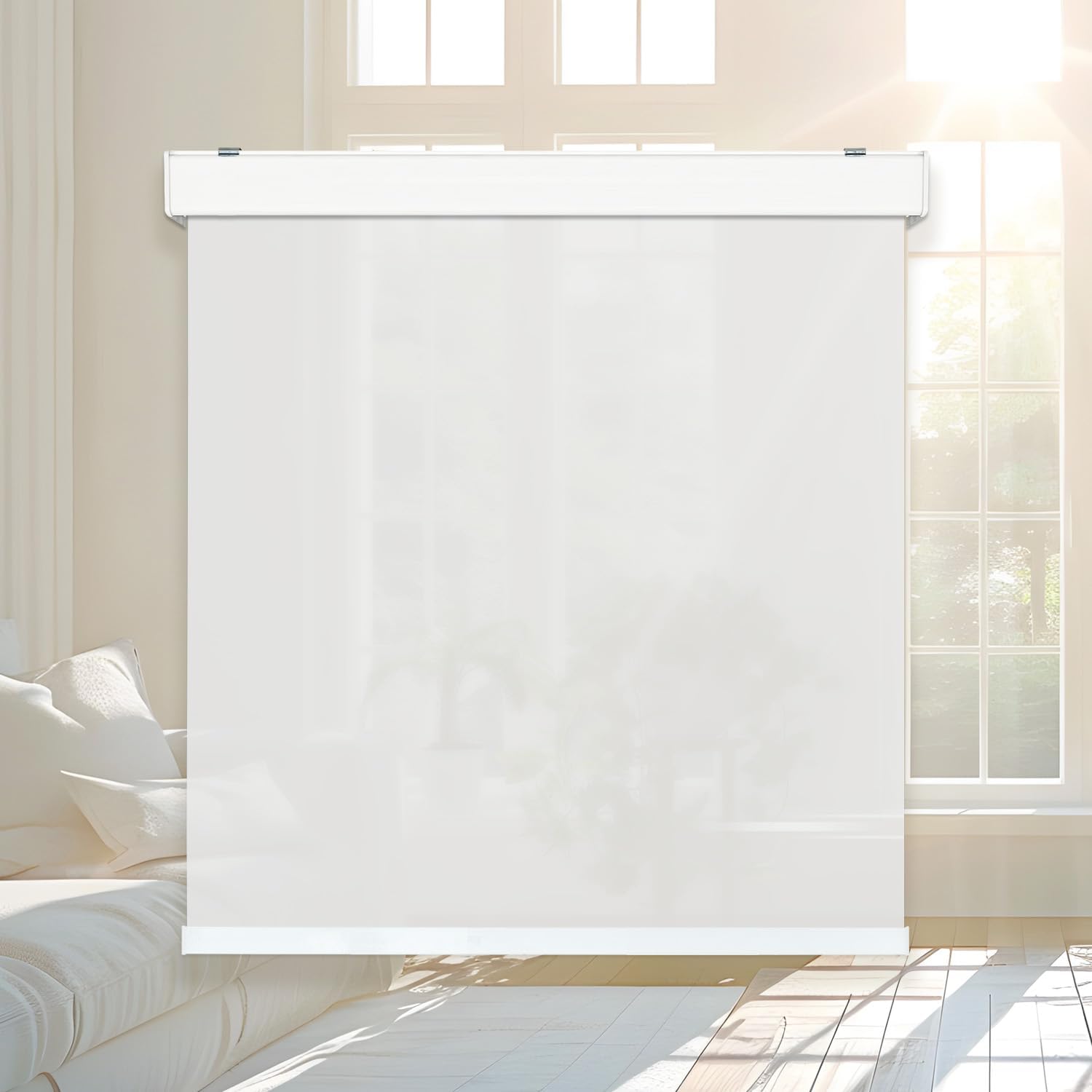 Foiresoft Noiseless+ Cordless Solar Shades Roller Blinds for Windows Light Filtering 1% Openness 99 UV Protection Home Office UV Protection [White, W 34 x H 82 inch]