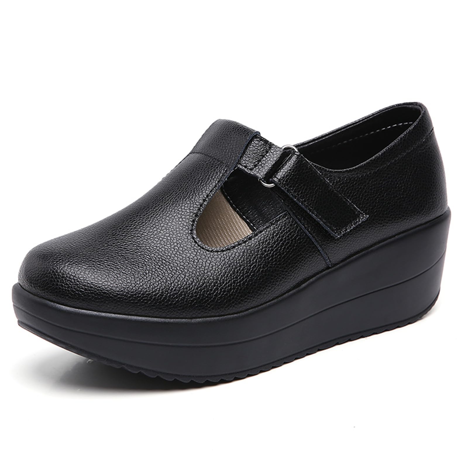 EnllerviiD Women's Mary Jane Platform Round Toe Ankle Strap Low Heel Chunky Uniform Dress Wedge Nurse Shoes Comfort Walking Shoes Black 38