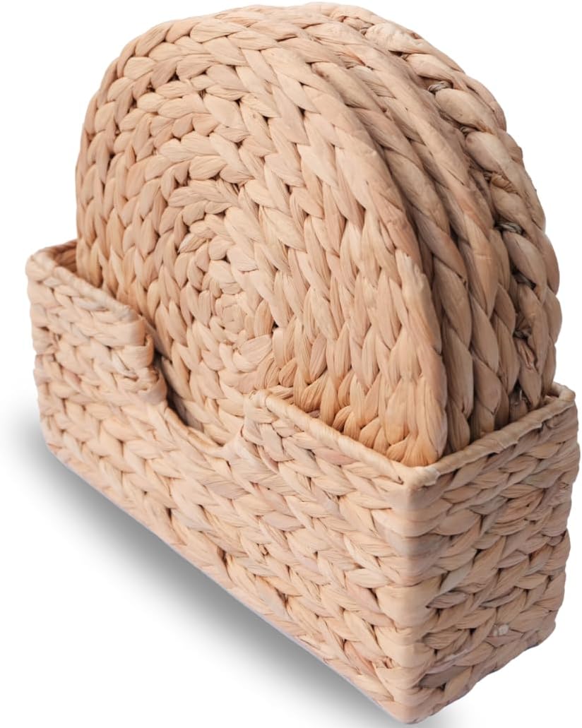 Ankur Woven Placemats for Dining Table Set of 6 All Natural Wicker Tablemats Hand Braided from Water Hyacinth Adorable Thick Rustic Round Kitchen Placemats with Decorative Tall Holder 11.8 Inches