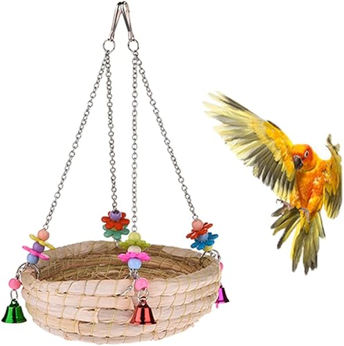 Miniatura 1 de Cama nido de paja tejida, juguete grande con campana para loro, cacatúa, periquito, cacatúa, guacamayo gris africano, guacamayo, Tiendaas, conure,