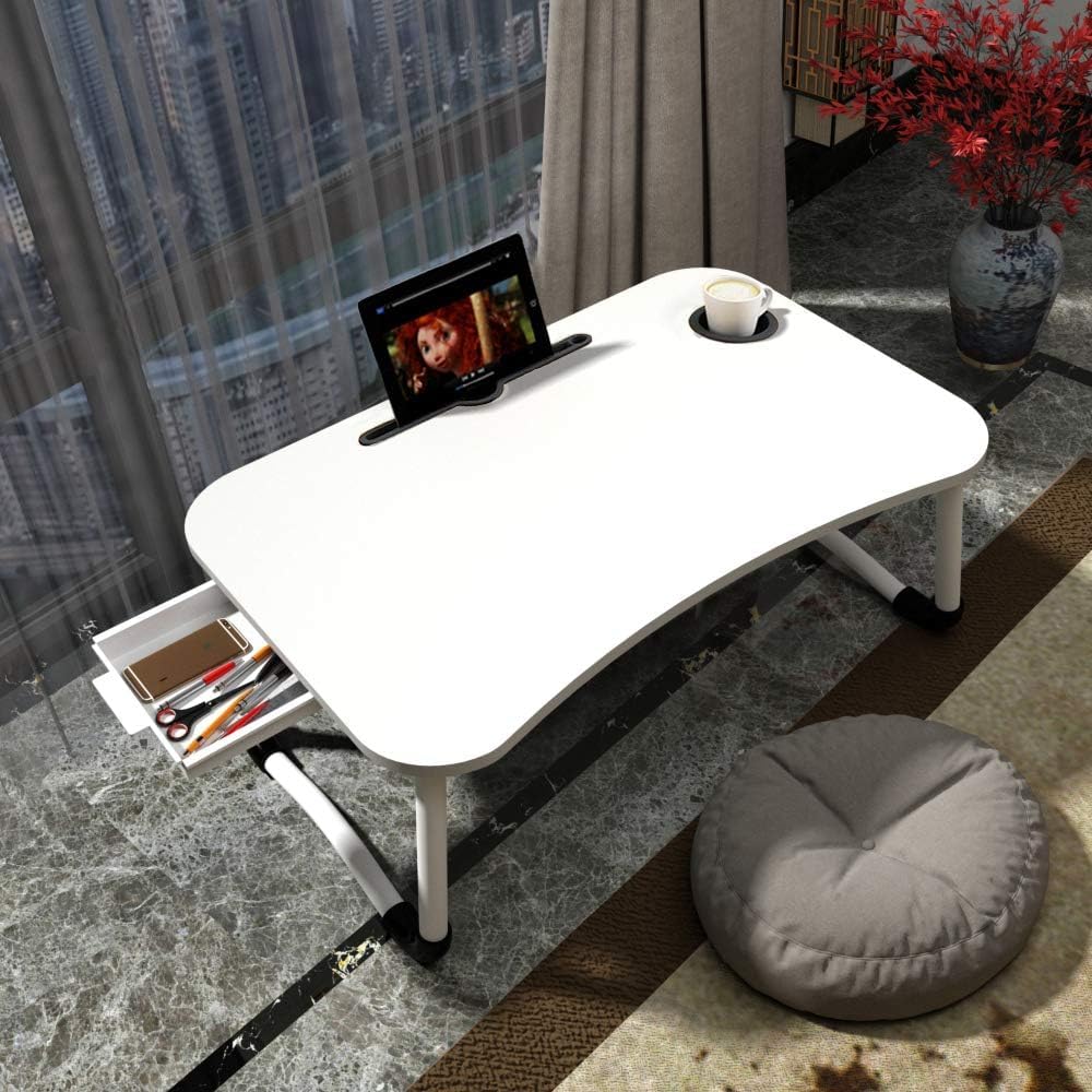 Supreme Supplies White Premium Laptop Bed Table For Ultimate Comfort And Efficiency, Foldable Lap Desk For Bed And Sofa Breakfast Bed Tray, Cup Holder For Eating, Writing, Working On Bed/Sofa (White)
