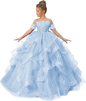 Flower Girl Dress - Tulle Princess Gown With V Neck & Lace Appliques