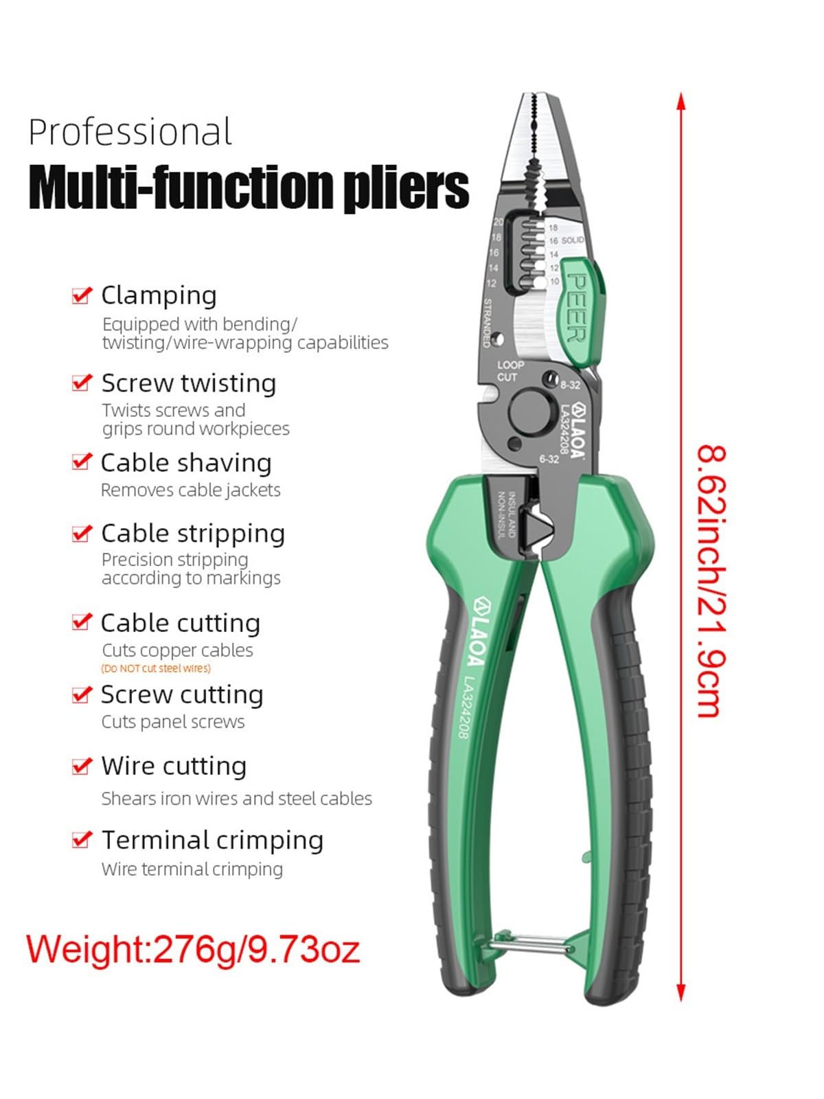 Herramienta profesional for electricistas, alicates pelacables con 8 funciones, herramienta for pelar cables.