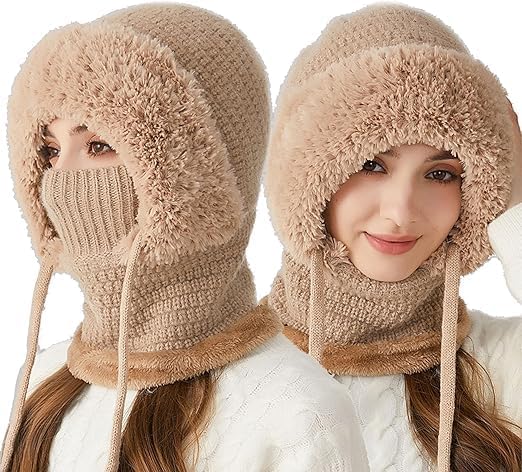 Averageon 3 in 1 Beanie Hat for Women, Women's 3-in-1 Winter Beanie Hat with Ear Flaps, Neck Warmer & Face Mask 55cm-60cm