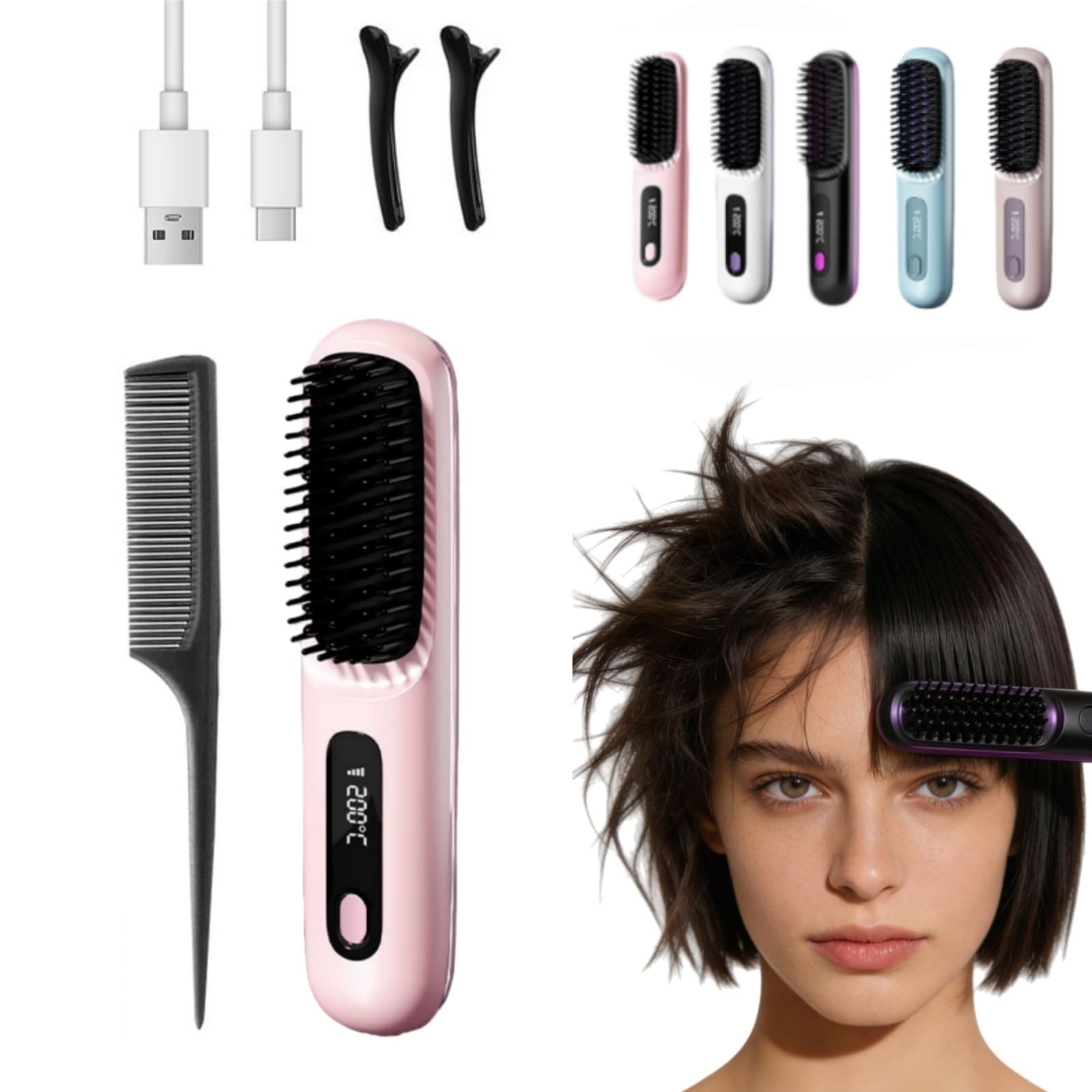 Alegra Spazzola Riscaldante Originale,Non Danneggia i Capelli | Pettine Lisciante Senza Fili Portatile,Display LCD,Styling Capelli Veloce per Viaggi e Uso Quotidiano