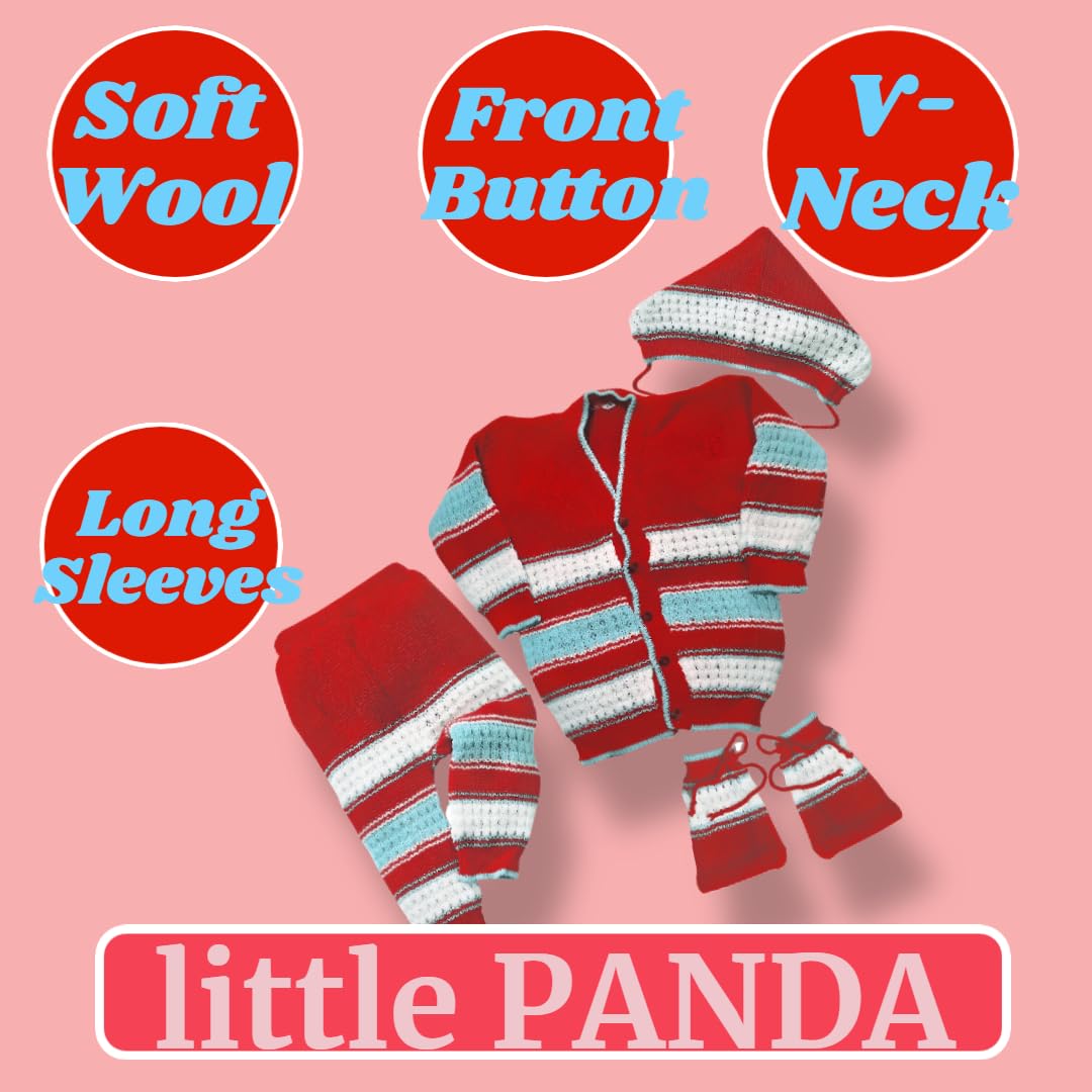 little PANDA Baby Sweater for Baby Boys & Baby Girls Woollen Full Sleeves, V Neck Sweater Top, Bottom, Cap & Booties Set (6-12 Months, Red) - Image 2 thumbnail