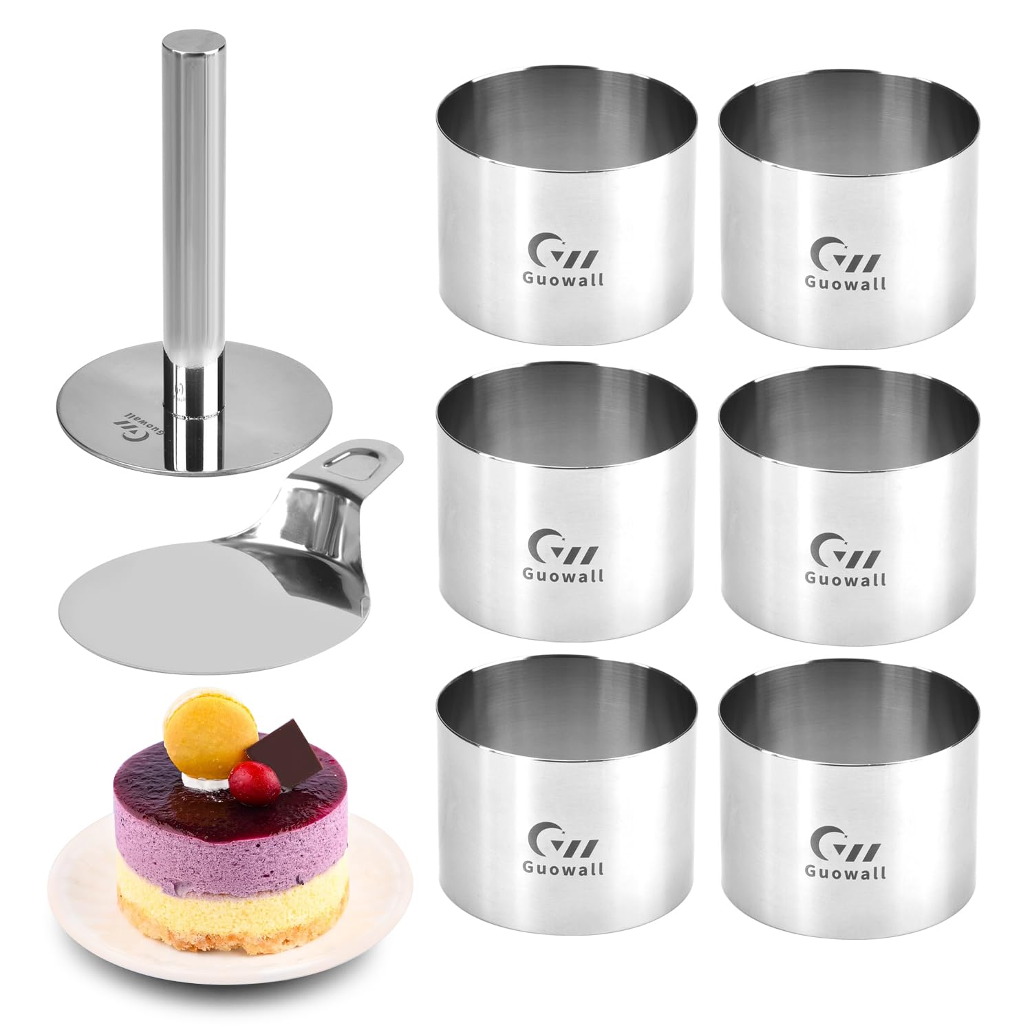 Guowall 6 pack Seamless Mousse Ring Set 3 inch Stainless Steel Round Cake Cutter Food Pastry Mold for Baking (Includes 1 Lifter, 1 Pusher and 6 Rings)
