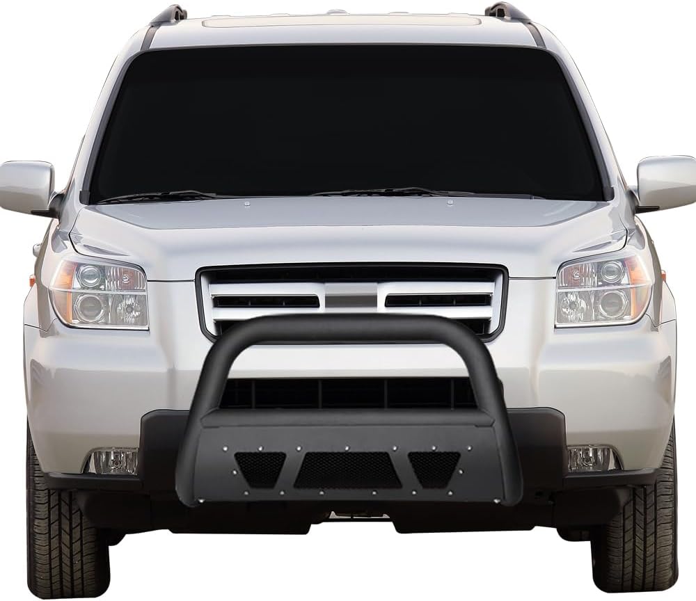 7422439140103 Compatible with 2003-2008 Honda Pilot / 2006-2014 Ridgeline Matte Black Studded Mesh Style Bull Bar Guard with Skid Plate
