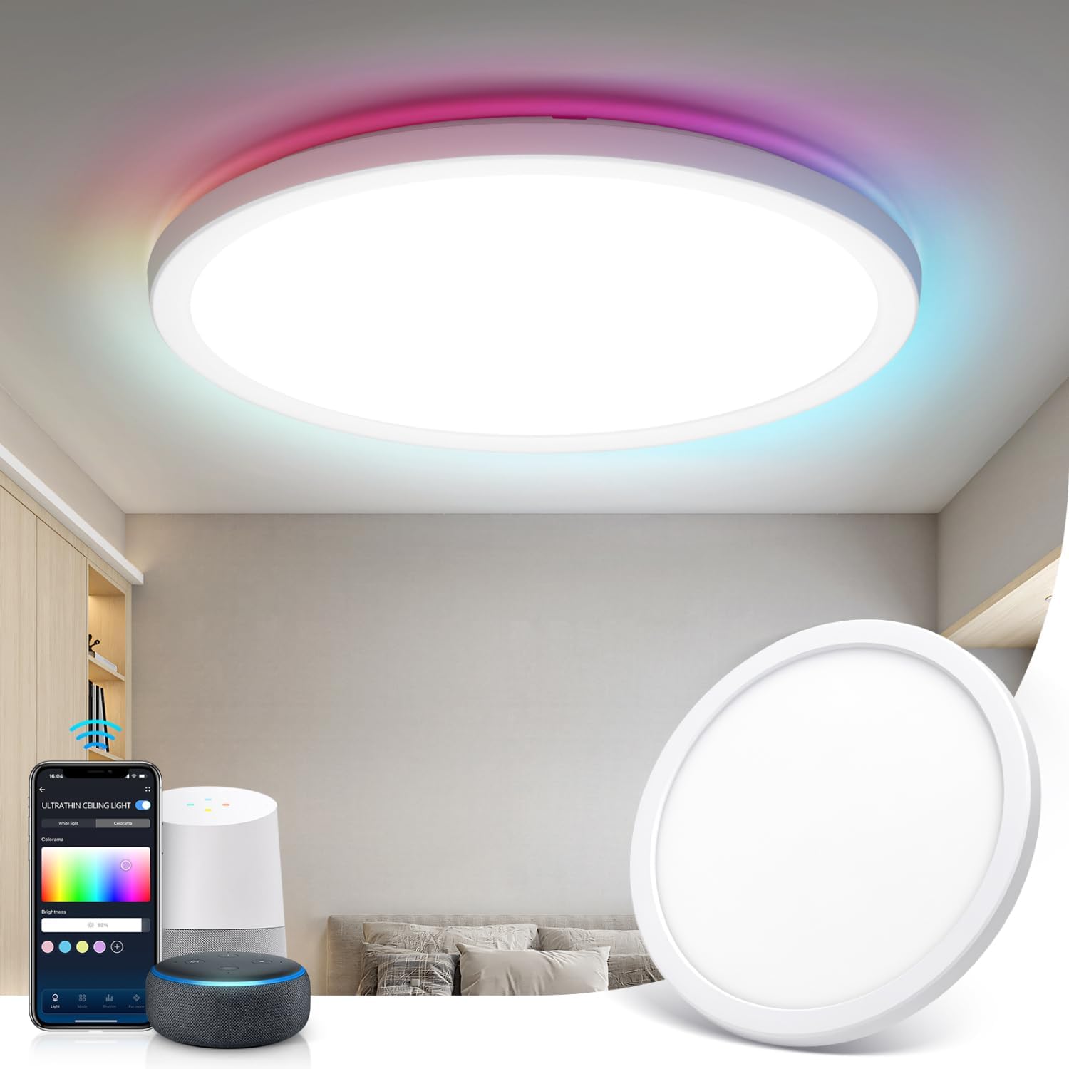 Aigostar Smart LED Ceiling Light, 19W 1600LM Alexa Ceiling Light, RGB