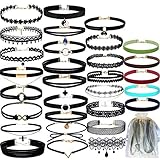 YOKER 30 PCS Necklaces Black Velvet Choker Set for Women Adjustable Classic Gothic Tattoo Lace Chokers Stretch Necklace for Party Cosplay Christmas Birthday