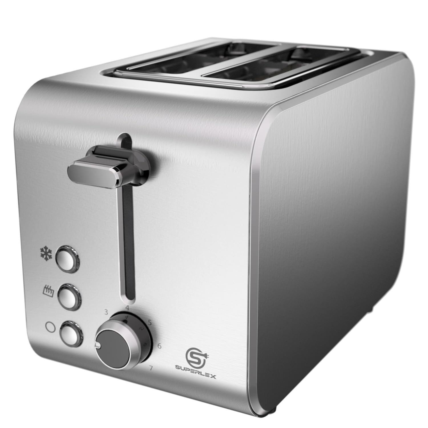 Tostapane a 2 fette da 850 W, in acciaio inox, doppia fessura, con 7 livelli di tostatura, scongelamento, riscaldamento e stop, espulsione automatica per panini e cassetto briciole, compatto