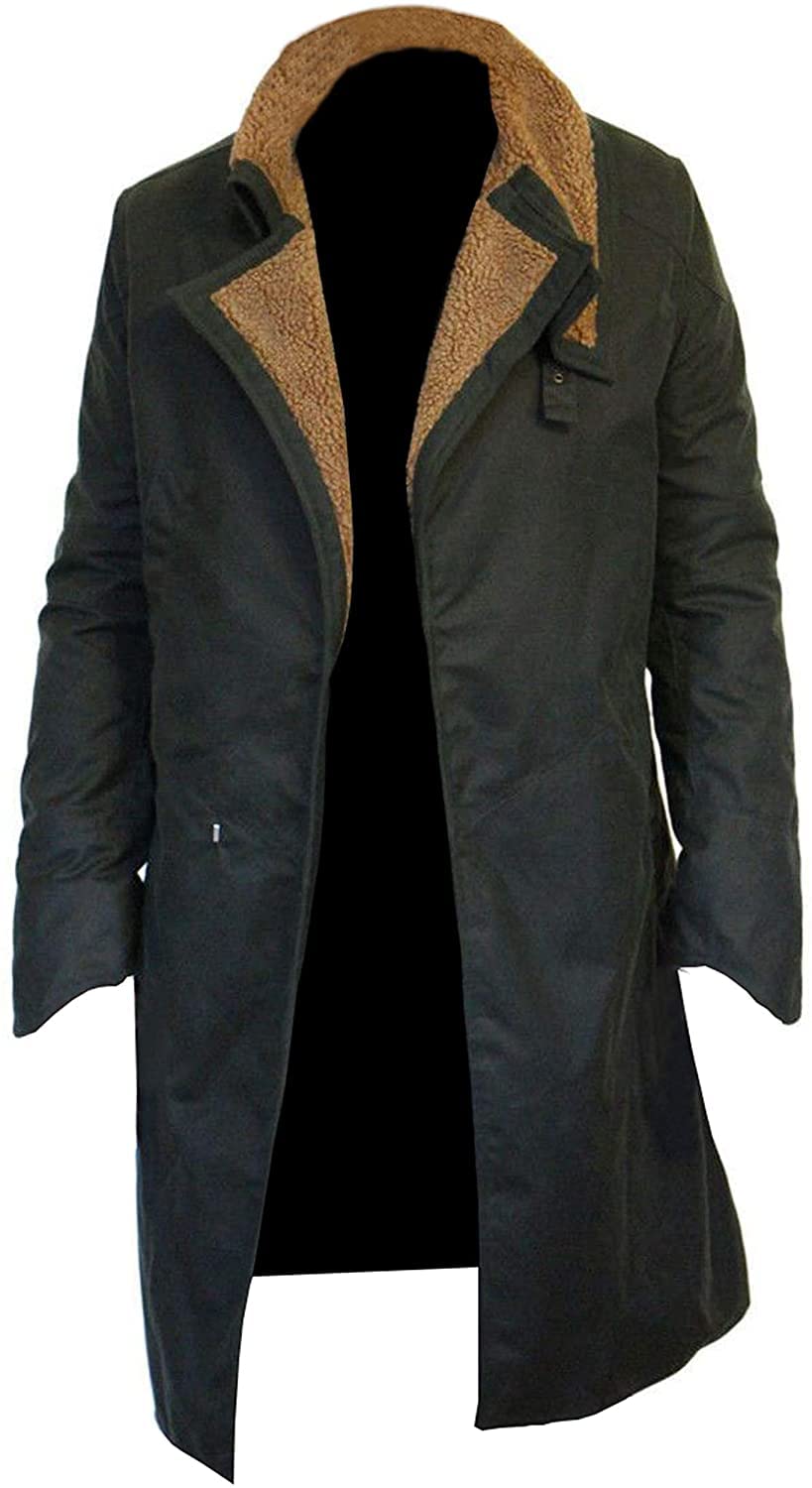 HiFacon Blade Runner 2049 Officer Ryan Gosling Waxed Black Cotton Trench Coat Fur Lapel Collar