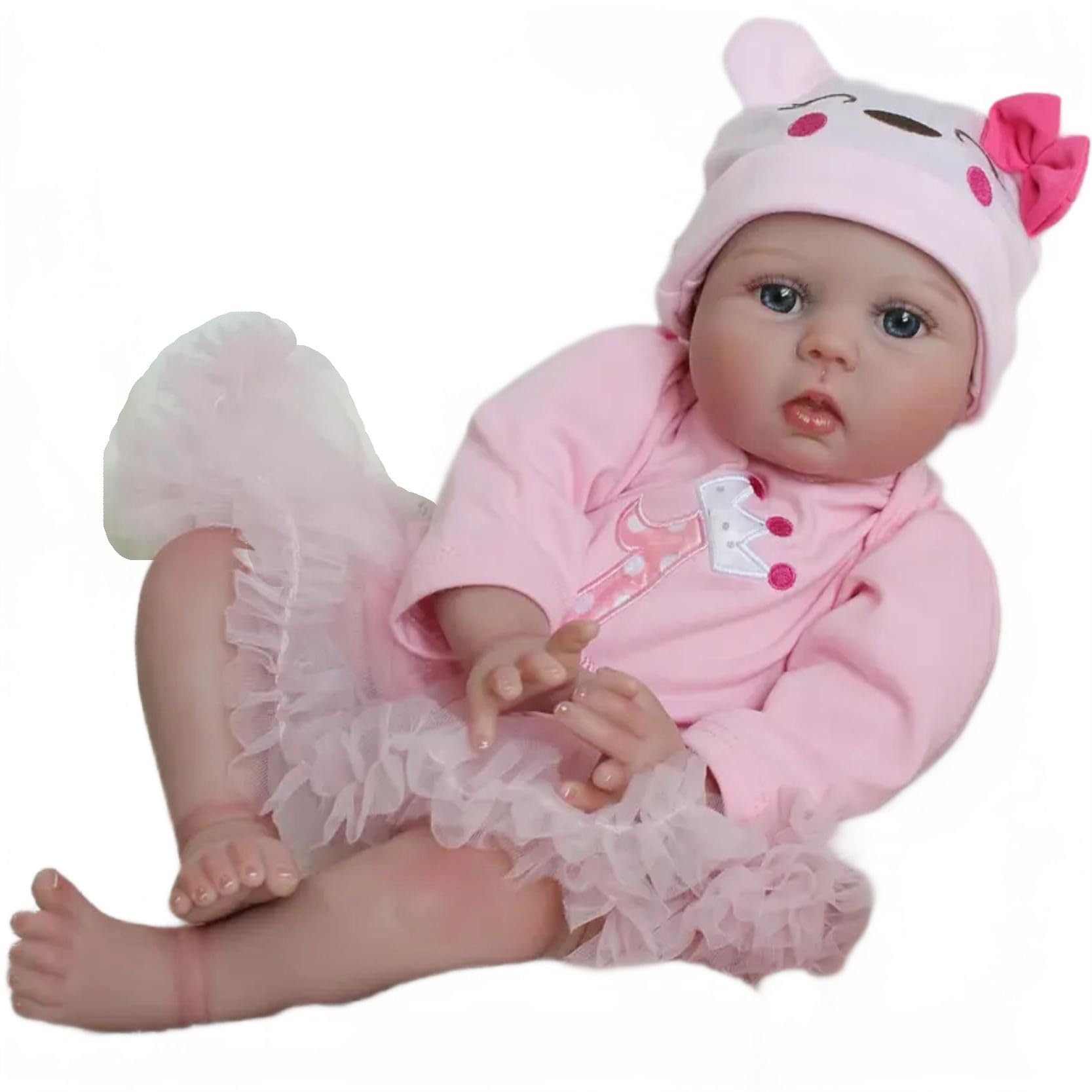 Reborn - Muñeca de bebé para niña de 55 cm, realista, realista, con silicona de vinilo suave, vestido rosa con falda de tul, jirafa, botella y chupete