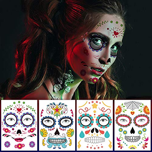 Day Of The Dead Tattoos Halloween Face Decorations Stickers Temporary Tattoos Sugar Skull Web Roses Spider Face Makeup Decals For Men Women Kids Halloween Party Favor Supplies 10 Pack #TOP1