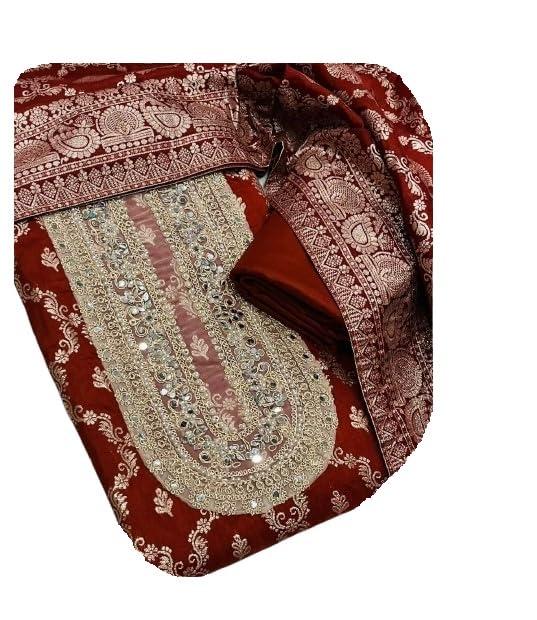 Maroon Banarasi Silk Dress Material with Golden Zari Work, Traditional Indian Ethnic Fabric Set with Dupatta, Motif work on front with golden earing free-image-33