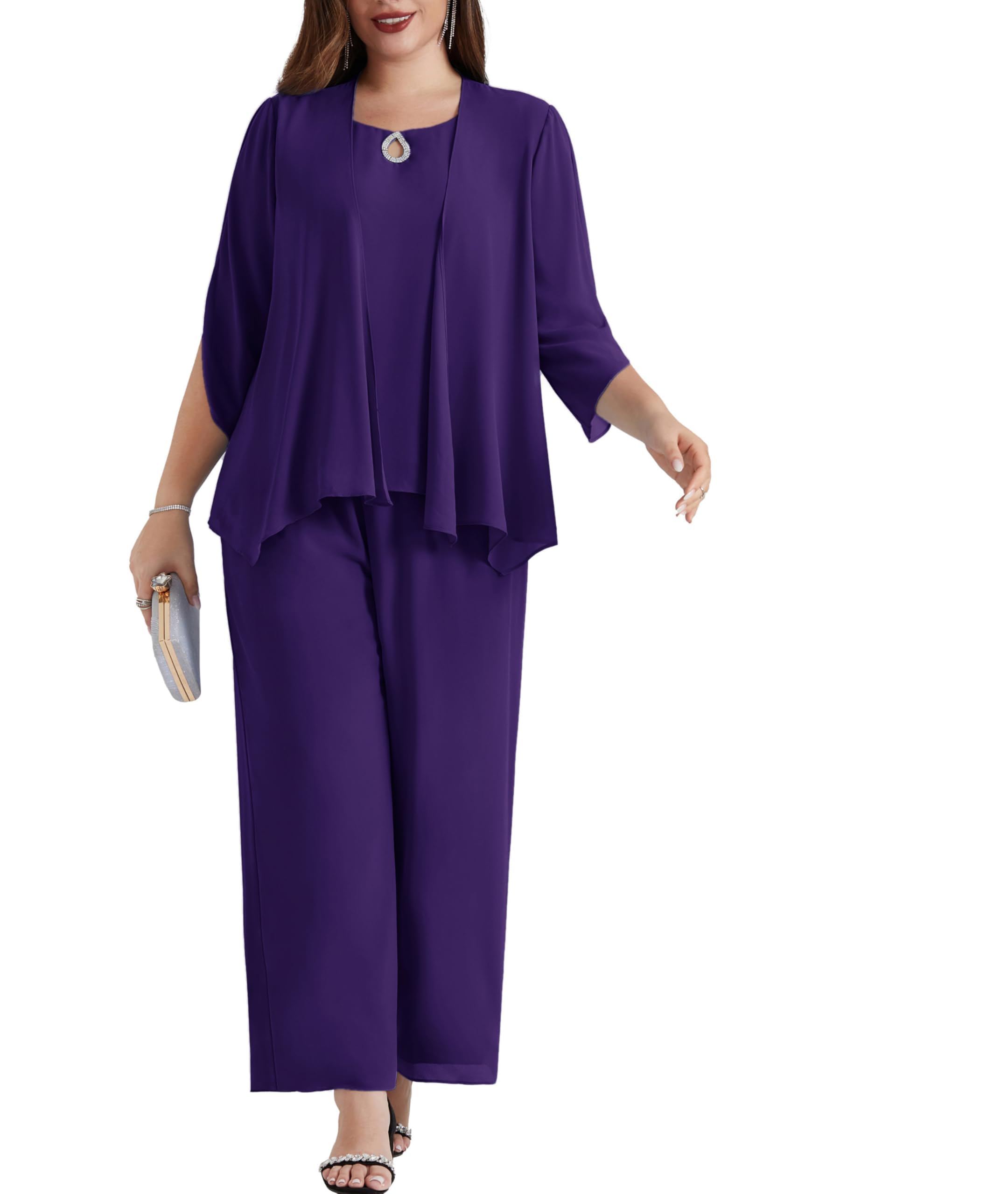 Hanna Nikole Dames grote maten chiffon avondpak sets cocktail party feestelijk elegant 2-delige set shirt en hoge taille broekpak tweedelig, lila, 46 Grote maten