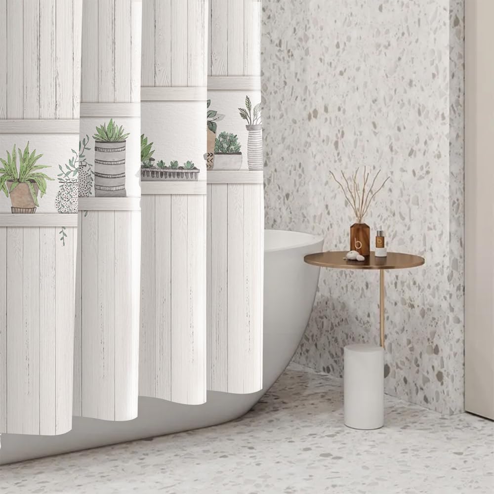 Abstract Grey Wood Shower Curtains Green Potted Cactus Plant Waterproof Washable Fabric for Modern Aesthetics Bathroom Decor Shower Curtain with Hooks, 72x72 Inch