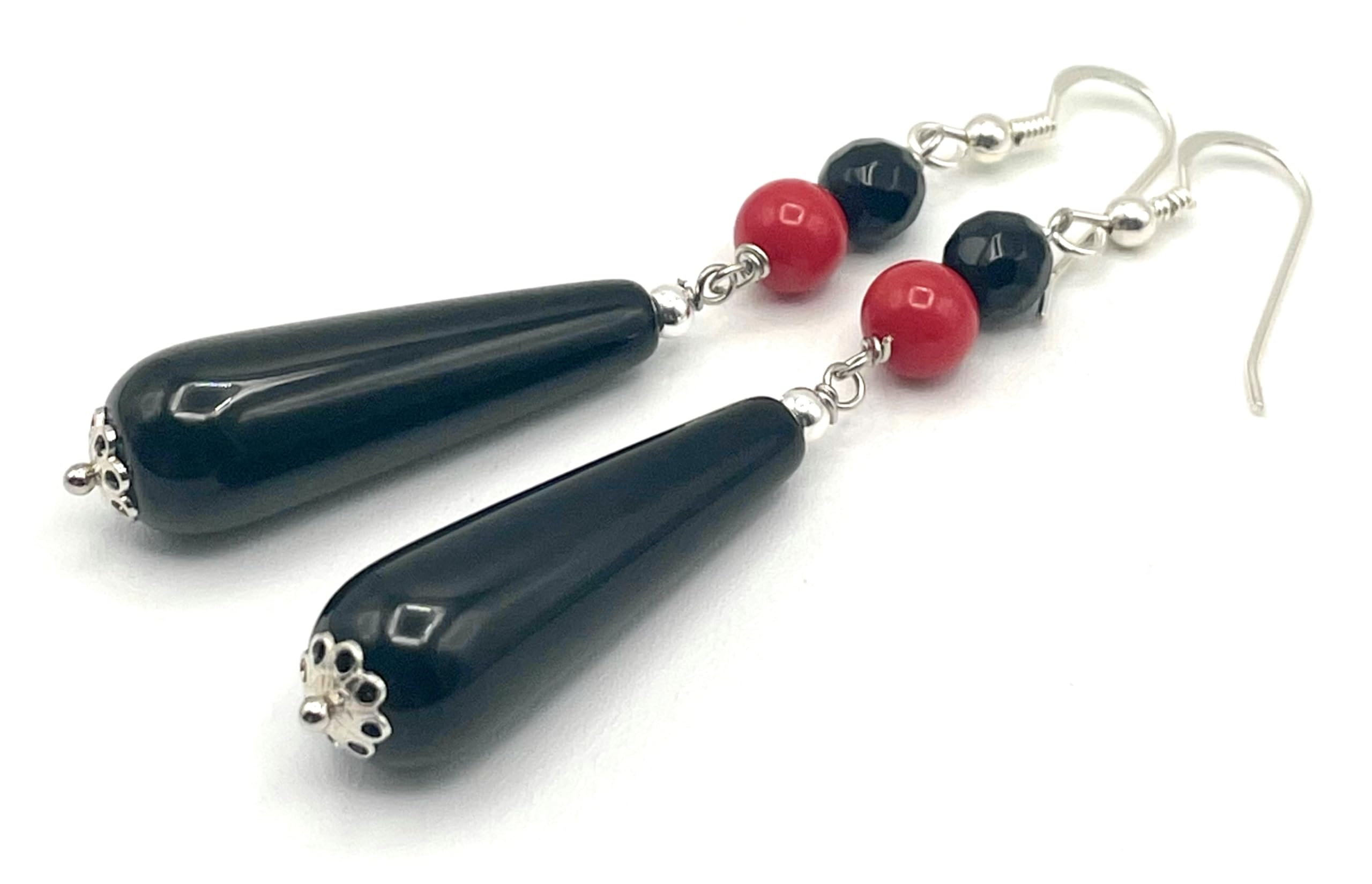 Orecchini in Onice Nero e Corallo Rosso, Pendenti Lunghi in Argento 925, Gioielli Pietre Dure, Bijoux Artigianali, Regalo per Lei