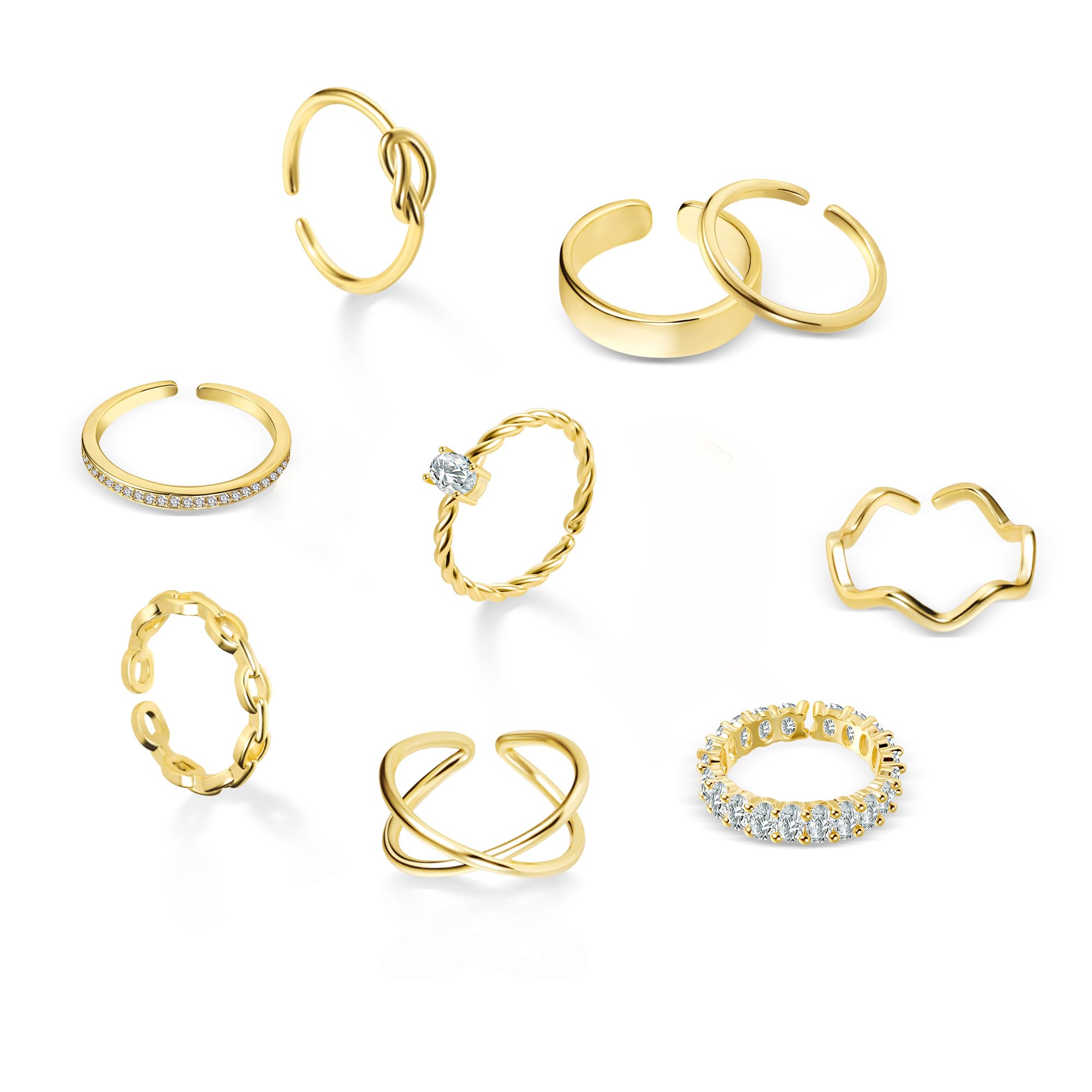 ALEXCRAFT 10 Stück Gold Ringe Damen - Verstellbare 14K Goldene Ringe Set