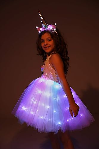 Miniatura 4 de Disfraz de princesa de unicornio para niñas, disfraz de fiesta de cumpleaños con luz LED, vestido de tutú de Halloween con diadema