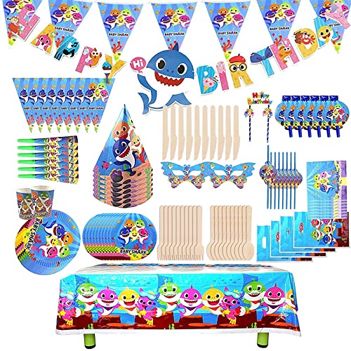 DONGQI Partygeschirr, Set von 136 Stück Shark Party Supplies Set, Gebutstag Party Set, Geburtstag Dekoration, Kinder Karneval Party Supplies Dekoration (Blau)