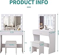 Vista 5 de Vabches Tocador de maquillaje con luces, Mesa tocador de maquillaje, Brillo ajustable, Cajón grande tocador resistente para dormitorio estudio