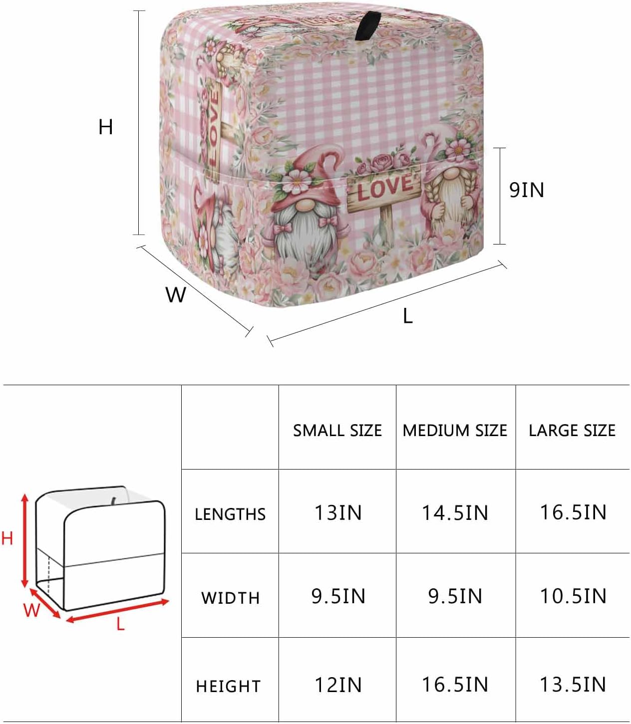 Valentine's Day Stand Mixer Cover with Storage Pocket, Waterproof Kitchen Mixer Covers, Pink Gnomes Rose Flowers Buffalo Plaid Kitchen Appliance Dust Cover Compatible with 5-8 Quart Mixers