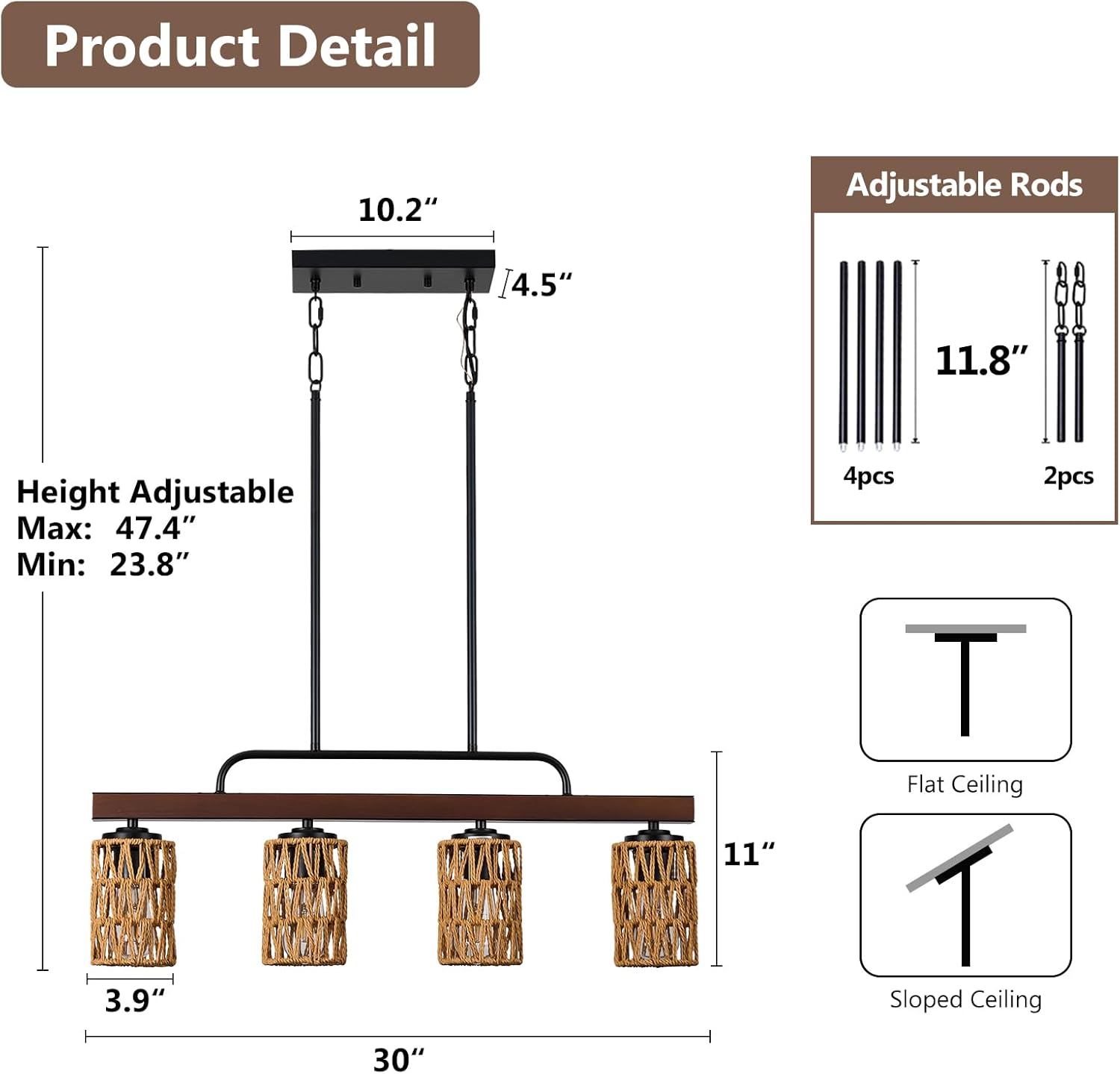 Farmhouse Dining Room Light Fixtures, 30" Rattan 4-Light Wood Kitchen Island Lights Fixture Boho Linear Chandelier Black Hanging Pendant Lighting Over Table
