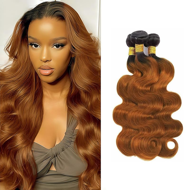 T1B/30 Ombre Brown 3 Bundles Human Body Wave Hair 20 22 24 Inch Body Wave Human Hair Brown Bundle 12A Brazilian Virgin Hair Quick Weave for Women T1B/30 Color
