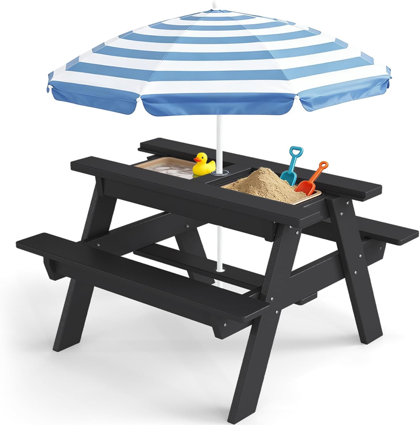FOOWIN Kids 3-in-1 Sand & Water Table,HDPE Outdoor Convertible Picnic Table w/Detachable Tabletop,for Outdoor Backyard Patio Play Black