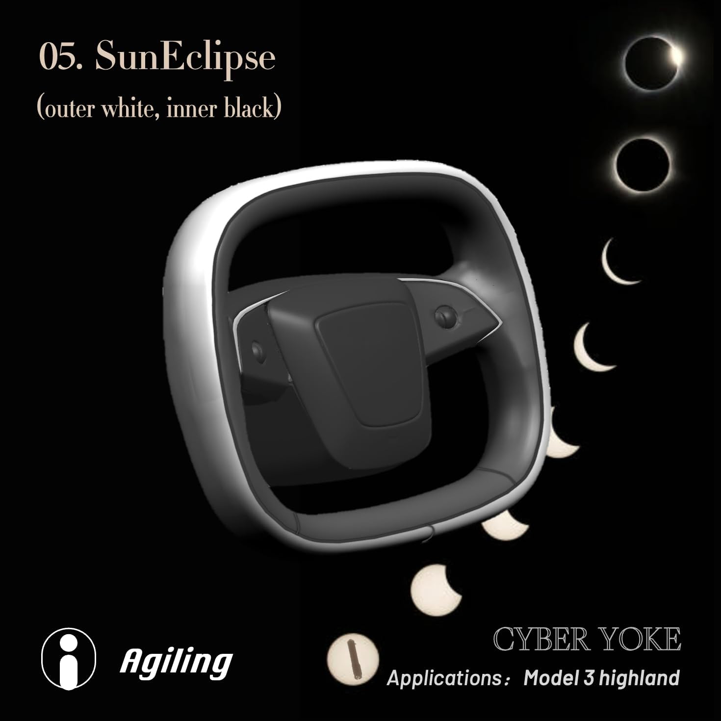 CyberYoke for Tesla Model 3 (Highland 2024+) Concept Steering Wheel, Prototype Driving Interface (FBA-05.SunEclipse: outer white, inner black)