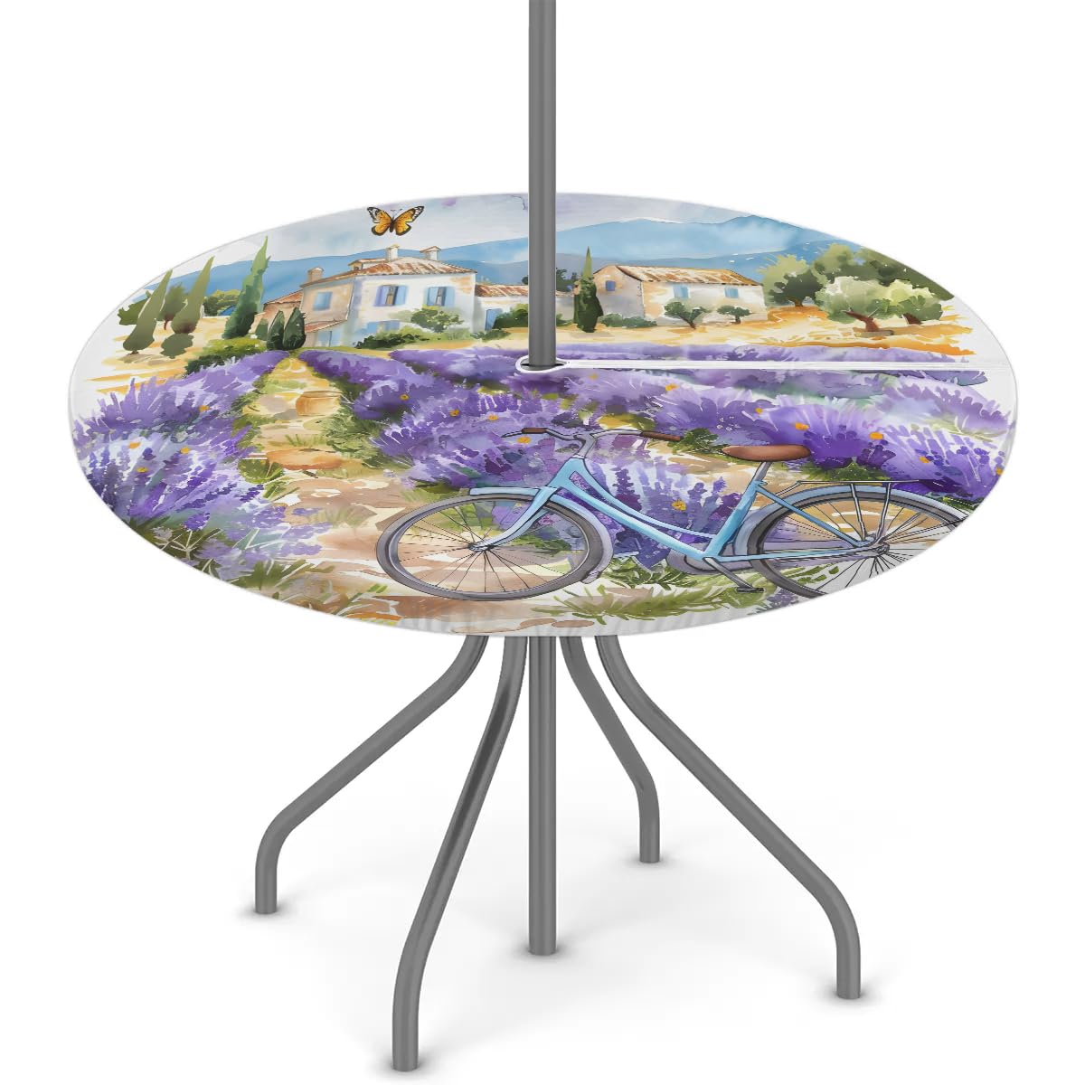 Tablerazzi Lavender Field Round Outdoor Tablecloth with Umbrella Hole and Zipper Flower Bike Fitted Tablecloth Wipeable Table Cloth Table Cover for Picnic Garden, 36''-44''